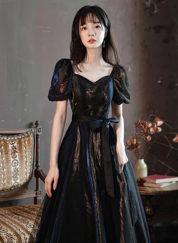Black A-line Short Sleeves Tulle Long Formal Dress